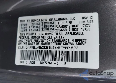 2012 Honda Odyssey Ex-L from USA, damaged, VIN 5FNRL5H62CB104726